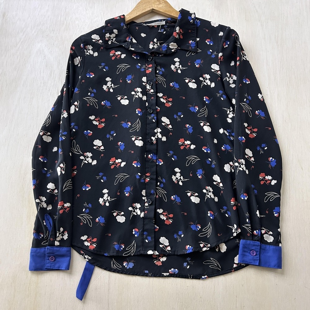 Y2K Poema Blouse Womens Small Black Floral Button Front Long Sleeve Top Made USA